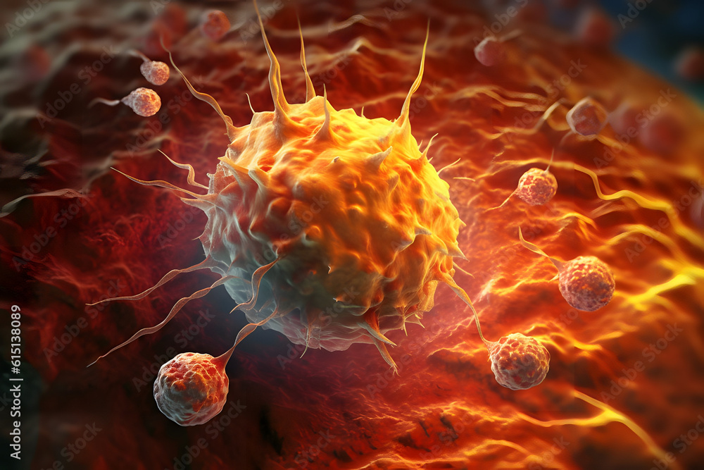 Concept of cancer cell attacking body cells. - obrazy, fototapety, plakaty 