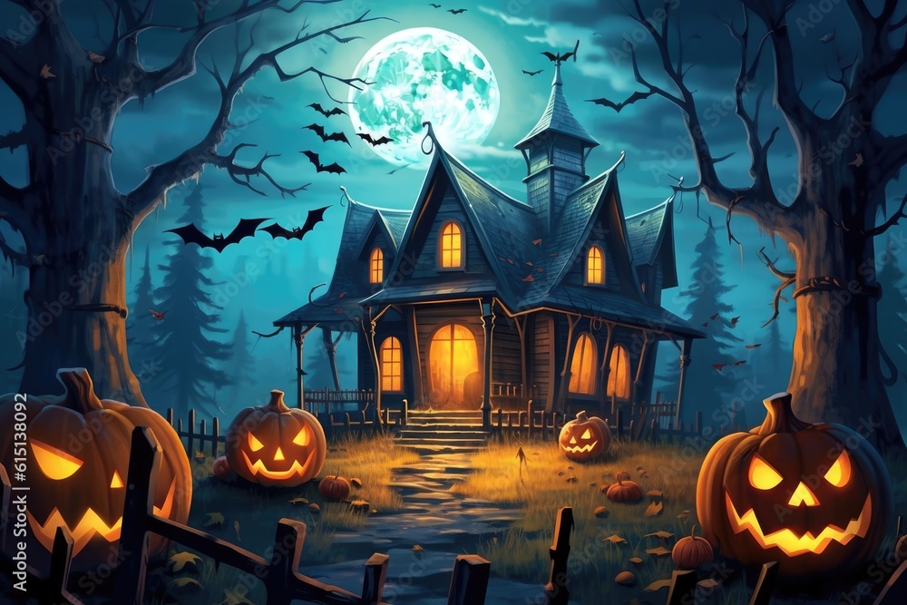 Jack-o-lanterns in front of haunted house. Halloween. Illustration. Generative AI Jack-o-lanterns in front of haunted house. Halloween. Illustration. Generative AI