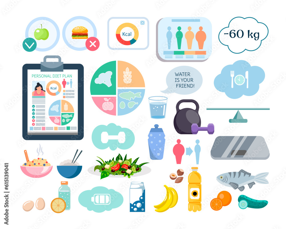 Vector set of elements of a healthy lifestyle, diet and weight loss. Icons of proper nutrition and healthy lifestyle in cartoon style isolated on a white background