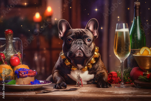 French Bulldog celebrating New Year's Eve with a glass of champagne © Subrata