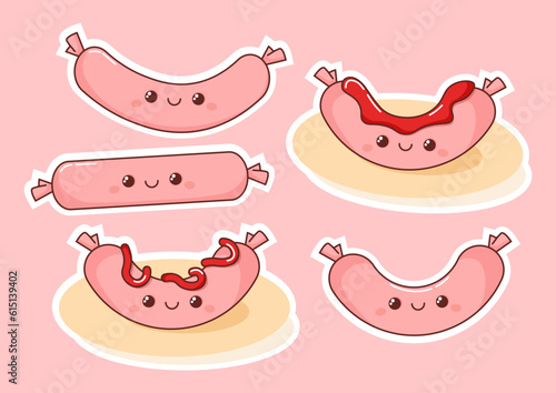 Set of kawaii sausages on pink background