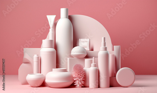 product treatment beauty care cosmetic background pastel bottle skincare layout pink. Generative AI.