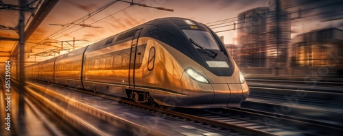 Fotografiet High speed train in motion on the railway station at sunset