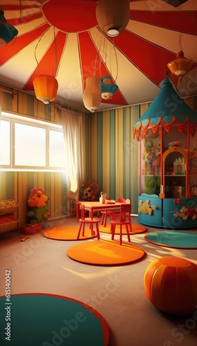 Kindergarten, game room. colorful, toy. childrenn play game. Generative ai photo