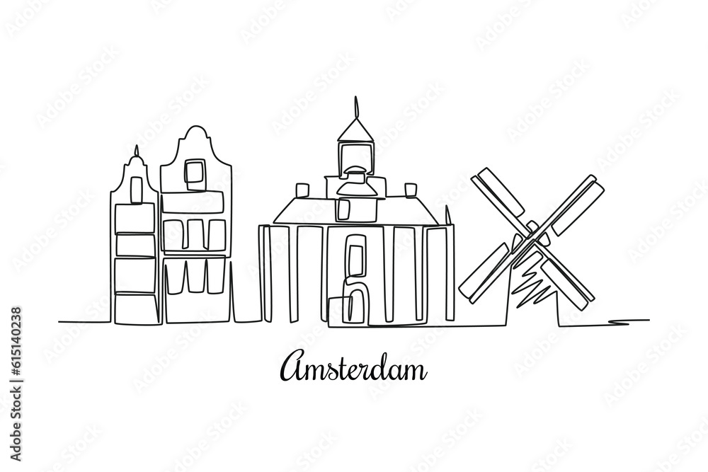 Single one line drawing Amsterdam, Netherlands. City concept. Continuous line draw design graphic vector illustration.