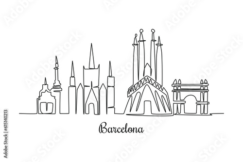 Single one line drawing Barcelona City  skyline, Spain. City concept. Continuous line draw design graphic vector illustration.