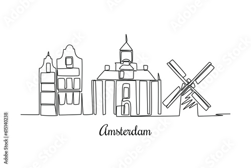 Single one line drawing Amsterdam, Netherlands. City concept. Continuous line draw design graphic vector illustration.