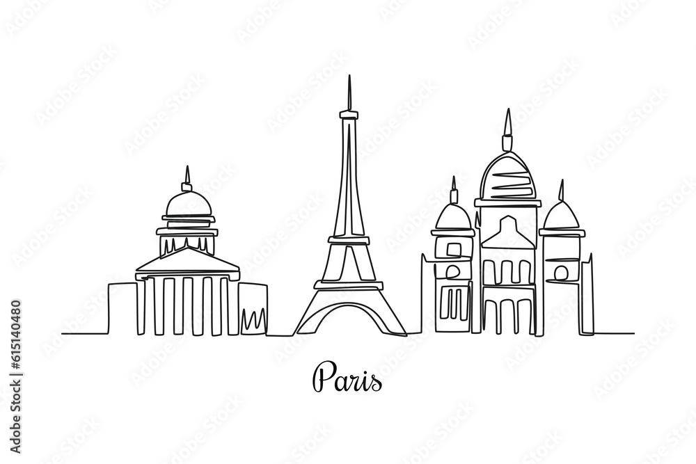Single one line drawing Paris city skyline, France. City concept. Continuous line draw design graphic vector illustration.