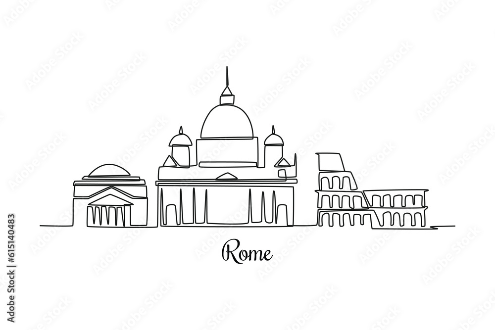 Single one line drawing  Rome city skyline, Italy. City concept. Continuous line draw design graphic vector illustration.