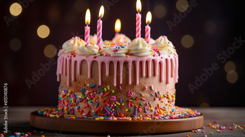 Illustration of a colourful birthday cake with candles and ready to be blown out on a festive table created with Generative AI technology