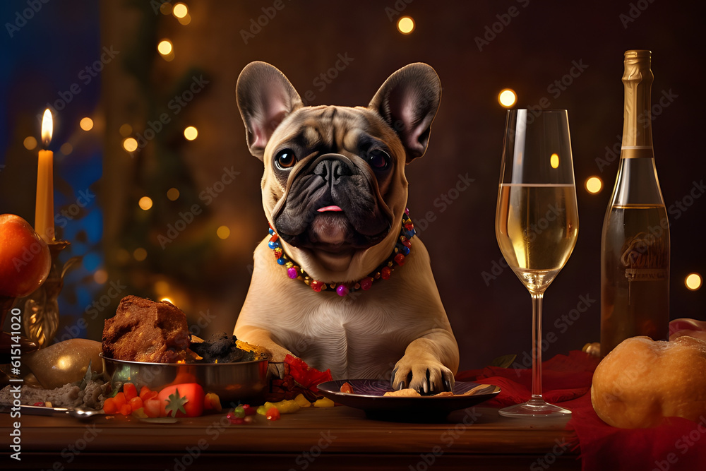 French Bulldog Celebrating New Year's party with Champagne