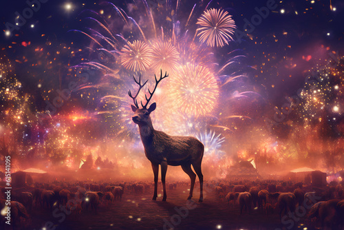 Deer having fun at a New Year's Eve party with fireworks. Generative AI. 