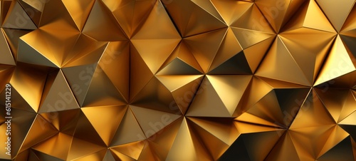 Abstract wide gold metallic texture with geometric triangular 3d triangles pattern wall background banner illustration, textured backdrop for design web, wallpaper (Generative Ai)