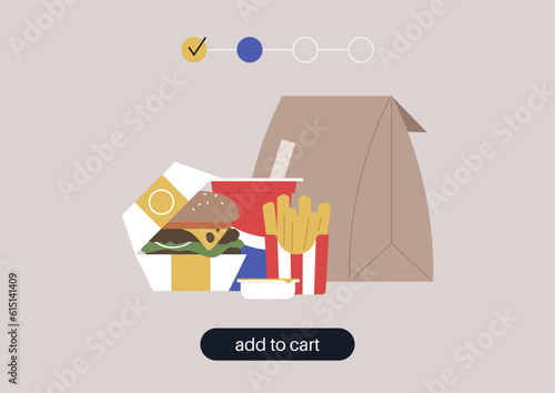 An online  fast food order delivery, a burger in a paper box, french fries, and soda with a straw to go
