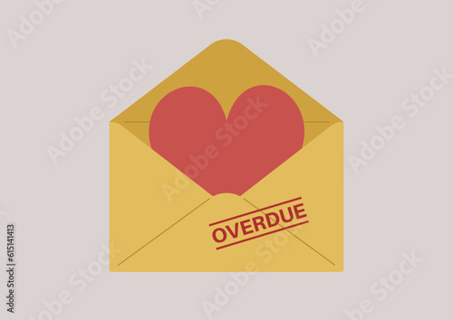 Relationship difficulties, a love letter in yellow envelope with an overdue stamp