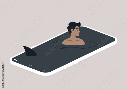 Social media addiction concept, a mobile phone screen depicted as a water surface, a young Caucasian character swimming, a shark fin approaching, virtual vacation, digital escape