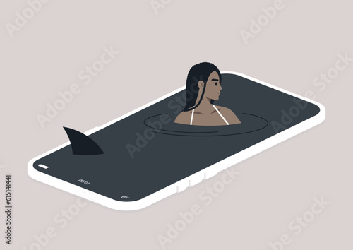 Social media addiction concept, a mobile phone screen depicted as a water surface, a young African character swimming, a shark fin approaching, virtual vacation, digital escape