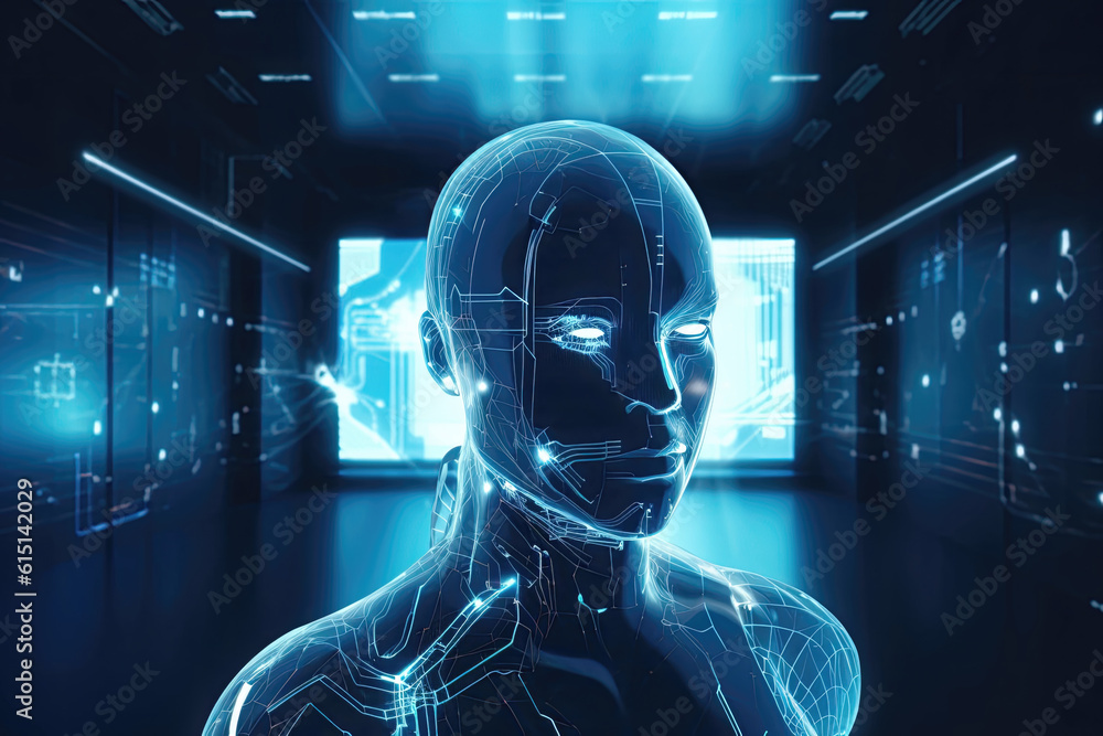 AI Robot Head Face Circuit Energy Flow Electrical Circuit Mapping Wires Glowing Generative AI AI Robot Head Face Circuit Energy Flow Electrical Circuit Mapping Wires Glowing Generative AI