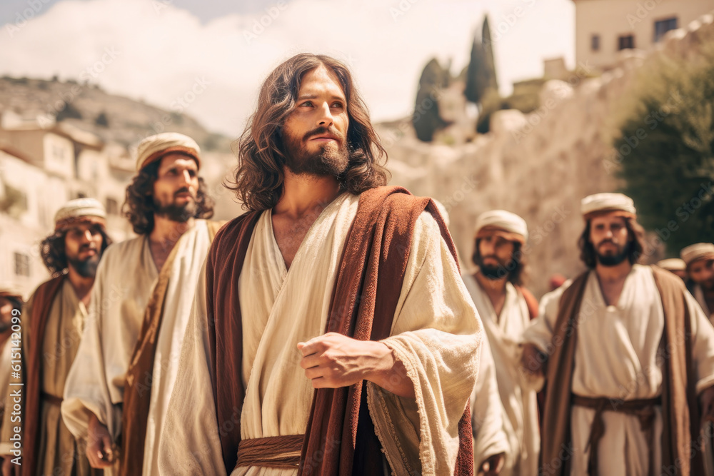 Naklejka premium Jesus teaching and leading his apostles in a city Generative AI Illustration