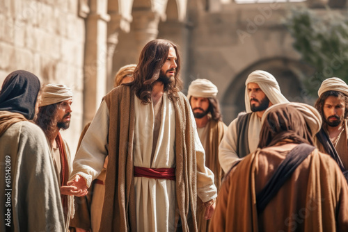 Fotografia Jesus speaking to the his apostles and to the crowd people by parables Generativ