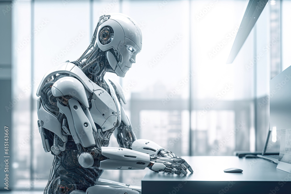 AI Robot White Silver Figure Sitting At Desk Thinking Working Waiting For Command Modern Futuristic Office Space Corporate Advance Future Hands Face AI Robot White Silver Figure Sitting At Desk Thinking Working Waiting For Command Modern Futuristic Office Space Corporate Advance Future Hands Face