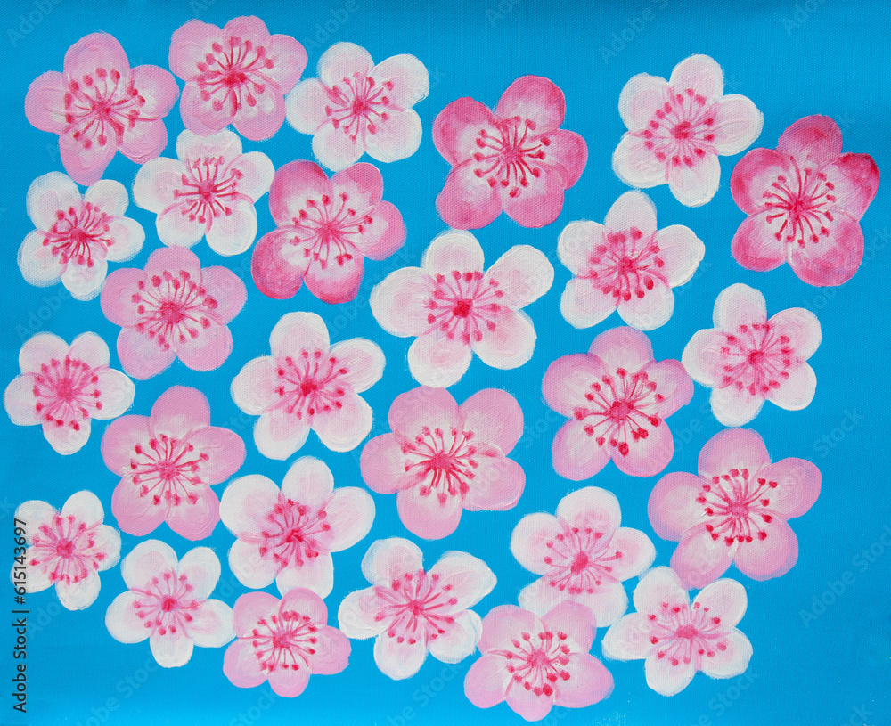 White and pink spring flowers on trees (cherry, almond, etc.) on blue background, painting.