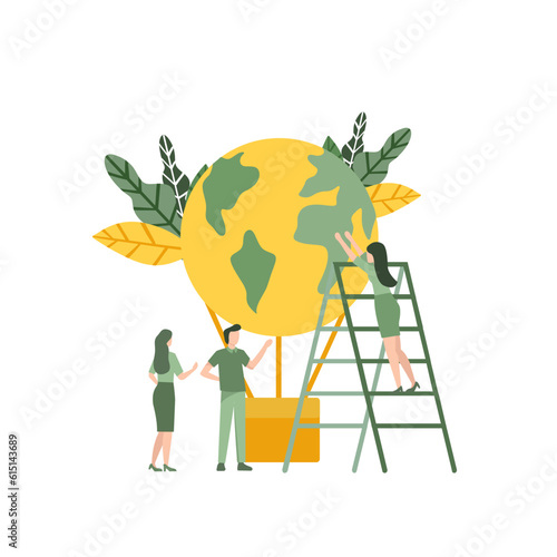 Vector flat illustration of save the planet concept, people are preparing for the day of the environment, campaign to green the earth with air balloon design flat illustration concept.