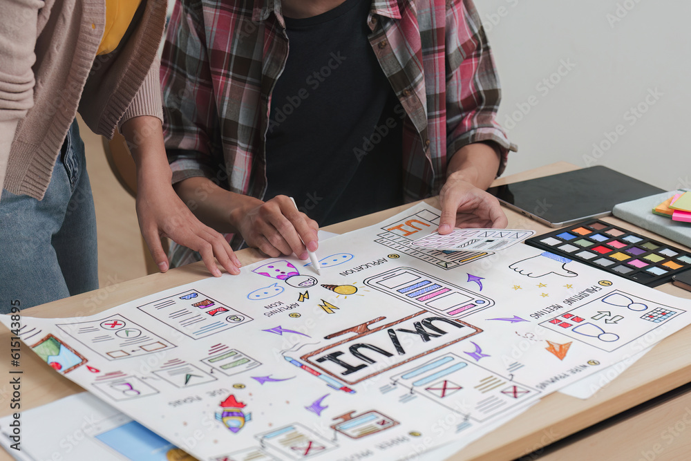 Fototapeta premium Close up ux developer and ui designer brainstorming interface wireframe design.Creative digital development agency