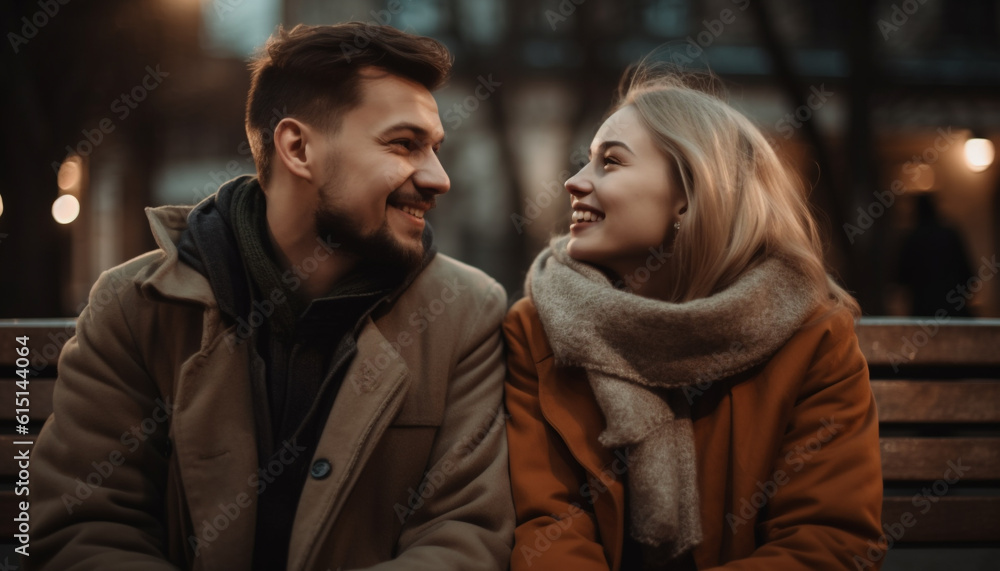 A young couple embraces in nature, smiling with togetherness generated by AI A young couple embraces in nature, smiling with togetherness generated by AI