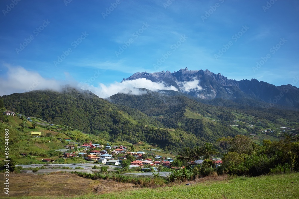View of Mount Kinabalu with a village