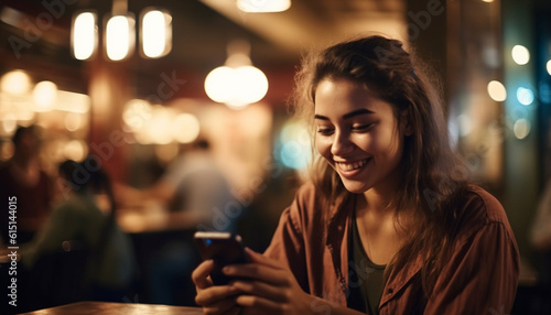 One young woman smiling  texting on smart phone in coffee shop generated by AI