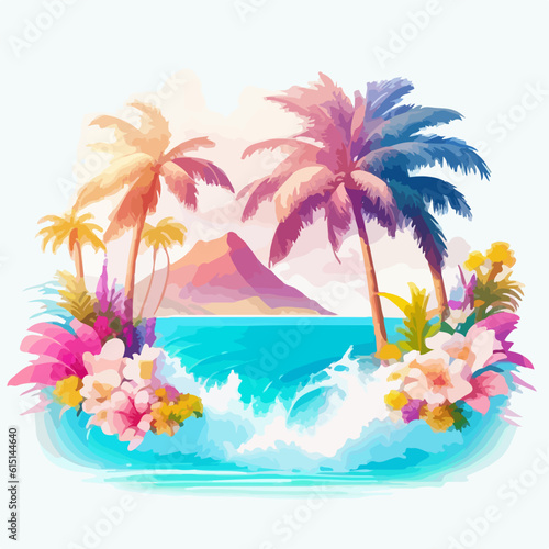 Illustration palm tree summer vibe watercolor painting style, vector