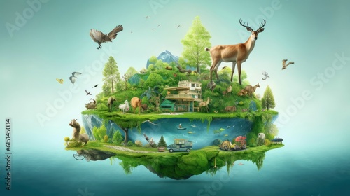 Illustration image, Nature and Sustainability, Eco-friendly Living and conservation, Concept art of Earth and animal life in different environments, Generative AI illustration