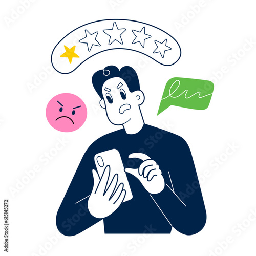 Man gives negative feedback on bad service, client leaves negative feedback on social media, writes angry comments using smartphone, thumbs down gesture, bad review, vector illustration