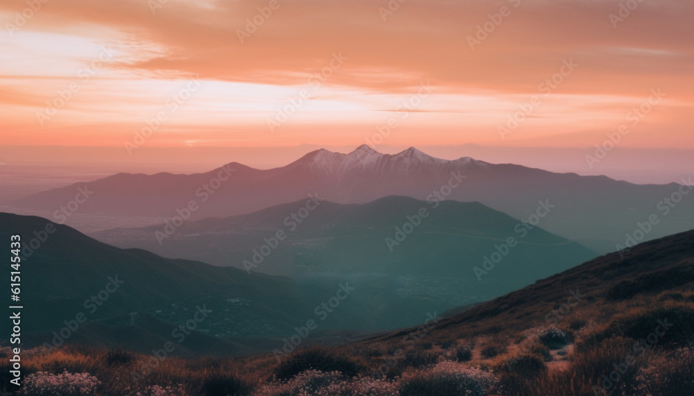 High up on mountain peak, tranquil scene at dusk generated by AI