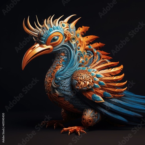 An elaborate blue and gold bird with horns © BridalBling