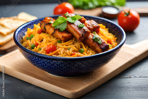 Spaghetti with grilled chicken and vegetables in a bowl on the table background