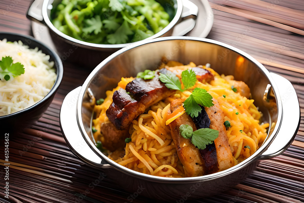 Noodles with beef and vegetables in a bowl on a wooden table. Ai generative Noodles with beef and vegetables in a bowl on a wooden table. Ai generative