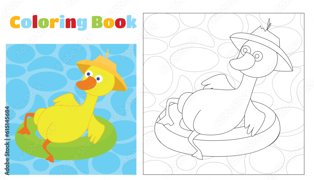 Coloring page funny duck swims in an inflatable pool circle. The duck is wearing a hat. Coloring for children. Coloring page funny duck swims in an inflatable pool circle. The duck is wearing a hat. Coloring for children.