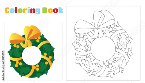 Coloring decorative Christmas wreath. The wreath is decorated with balls, a ribbon and a bow. Coloring page for children of preschool and elementary school age.