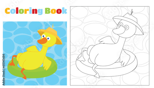 Coloring page funny duck swims in an inflatable pool circle. The duck is wearing a hat. Coloring for children.