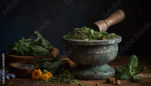 Fresh organic herbs in rustic mortar, alchemy for healthy seasoning generated by AI