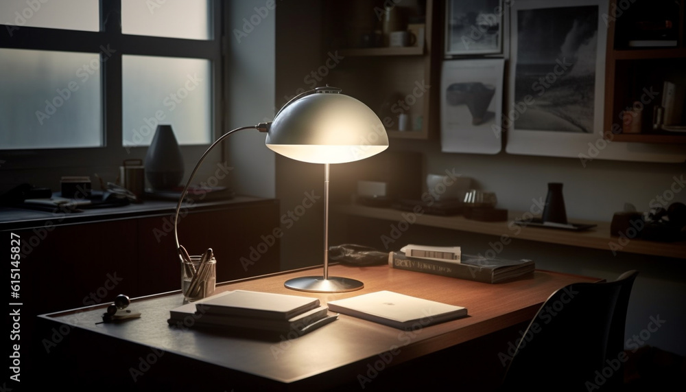 Modern home office with comfortable chair, illuminated by electric lamp generated by AI Modern home office with comfortable chair, illuminated by electric lamp generated by AI