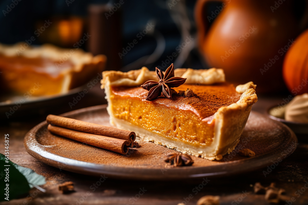 pumpkin pie with whipped cream and cinnamon on a rustic background. ai generative - obrazy, fototapety, plakaty 