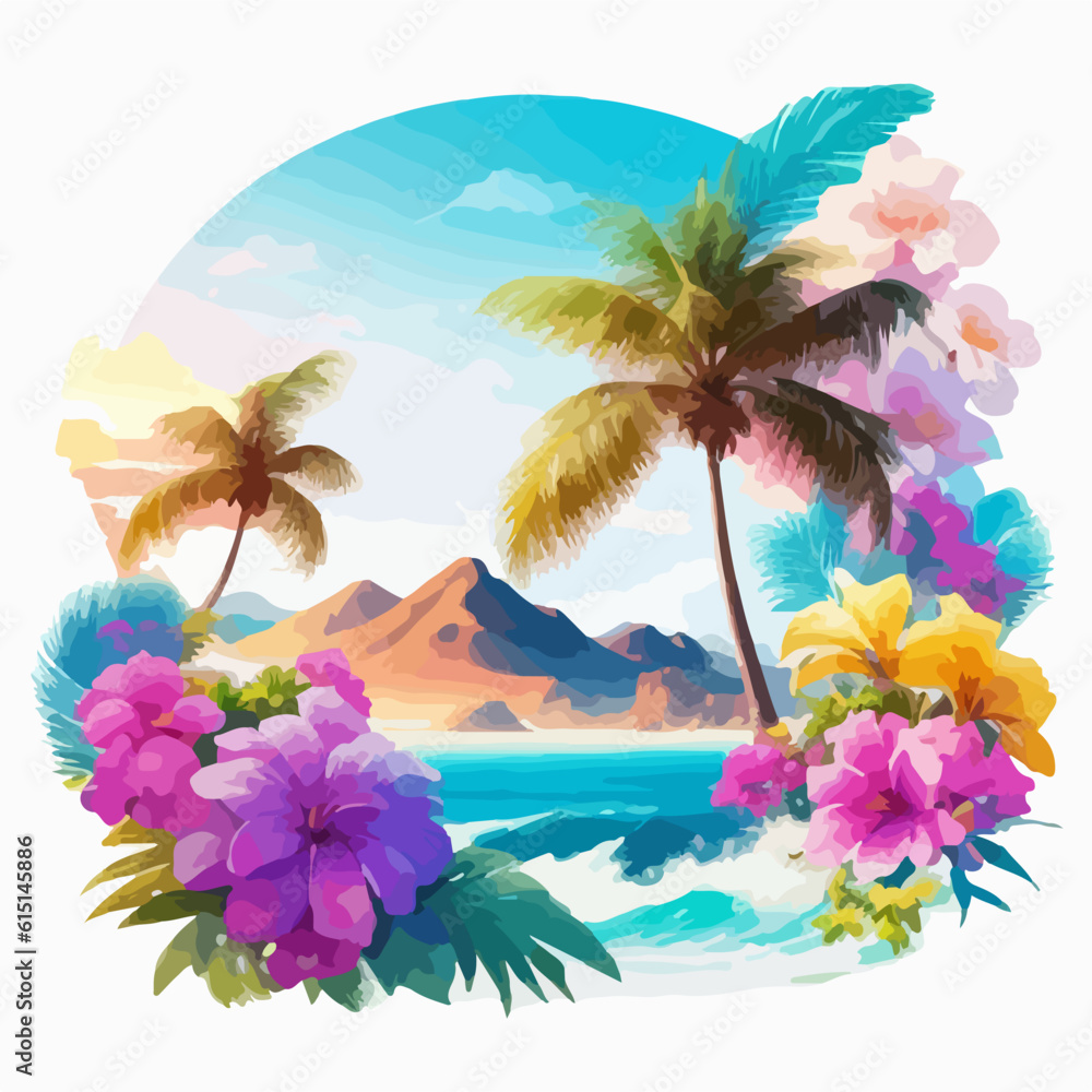 Illustration palm tree summer vibe watercolor painting style, vector