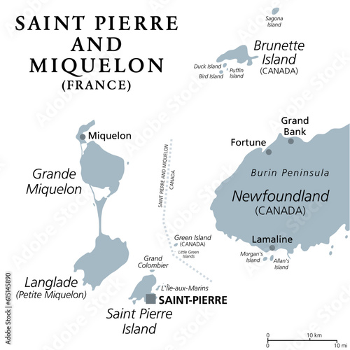 Saint Pierre and Miquelon, gray political map. Archipelago and self-governing territorial overseas collectivity of France in the North Atlantic, near Canadian province of Newfoundland and Labrador. photo