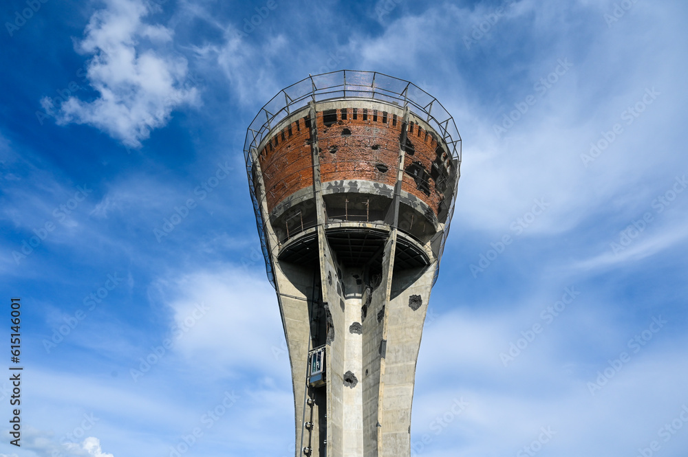Vukovar water tower. Symbol of war in Croatia. Memorial to the Battle of Vukovar and Croatian War of independence.