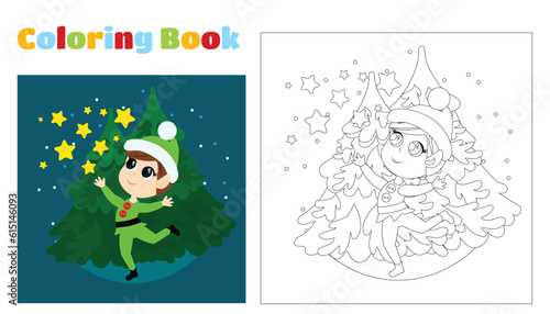Christmas coloring for children. Little cute elf runs and scatters the stars. The child is happy and smiling. The boy is wearing green elf clothes.