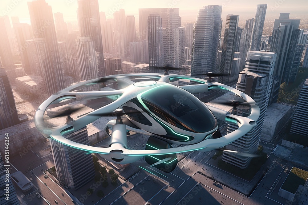Autonomous aerial driverless future taxi fly in modern city. Generative AI. Autonomous aerial driverless future taxi fly in modern city. Generative AI.