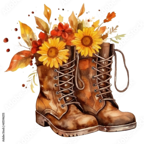 Fall Autumn Watercolor Flowers Boot Clip art, Watercolor Clip Art, Fall Autumn Watercolor Sublimation Design